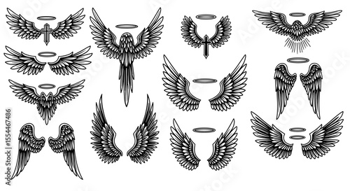 Angel wings and halos: monochrome vector illustration for tattoo and design