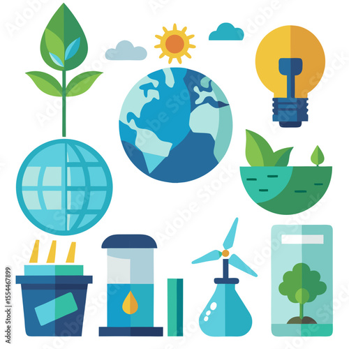 A vibrant illustration depicts various ecofriendly elements, including plants, the earth, and renewable energy sources