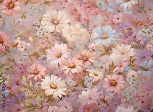 A delicate floral painting, featuring pastel daisies and various blossoms against a soft, muted background.  The overall impression is one of gentle beauty and serenity.