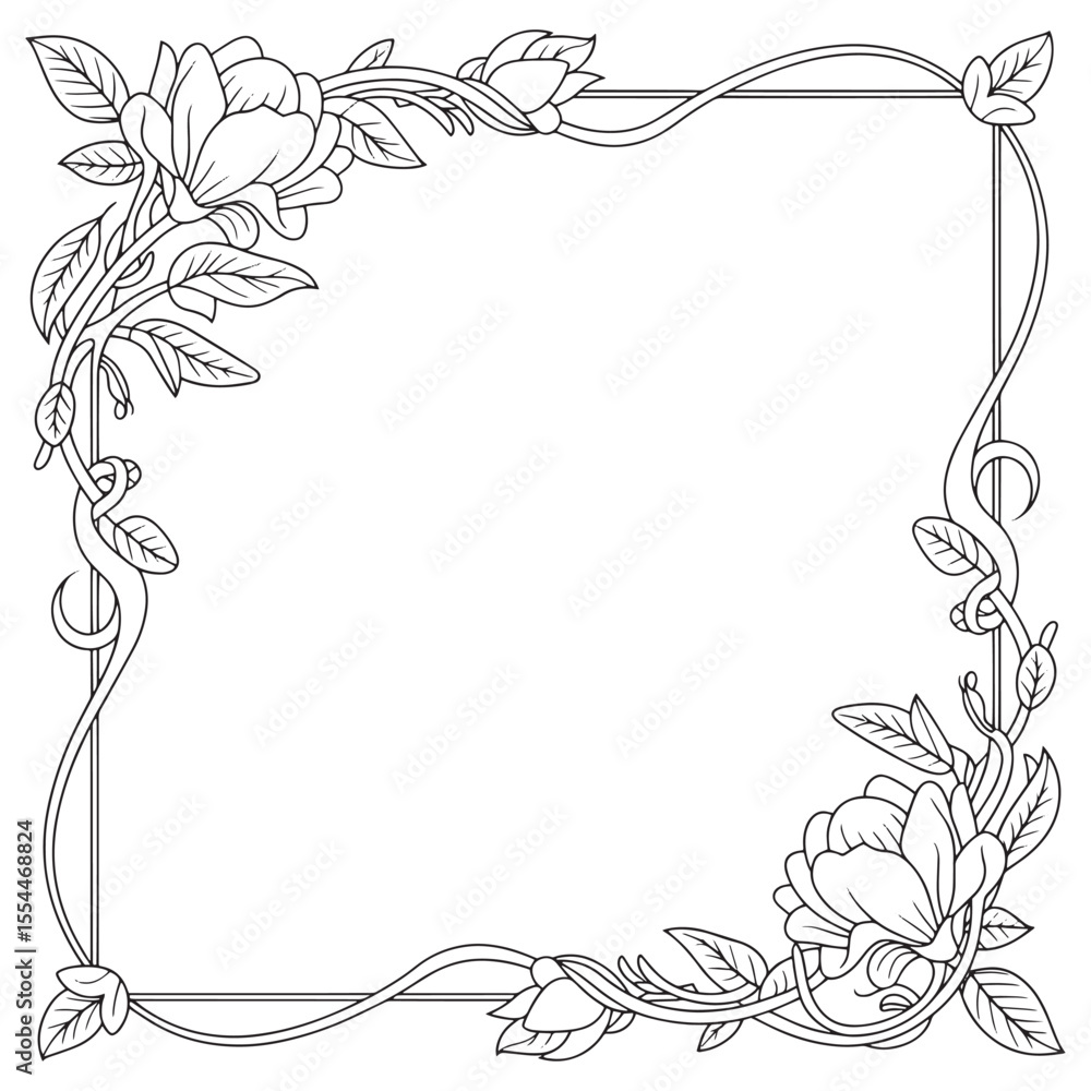 Floral Frame with Roses and Leaves Elegant Black and White Botanical Border for Invitations or Decorative Design Projects Floral Frame with Roses and Leaves Elegant Black and White Botanical Border for Invitations or Decorative Design Projects