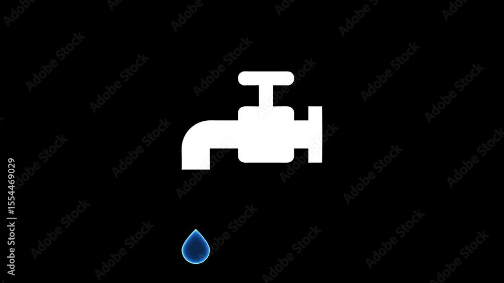 Animated white faucet with blue water droplet on black background seamless loop Animated white faucet with blue water droplet on black background seamless loop