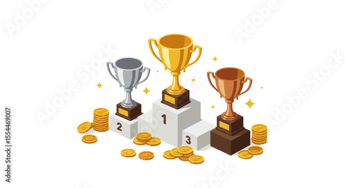 Award ceremony vector illustration: gold silver bronze trophies on podium with coins in isometric style for design