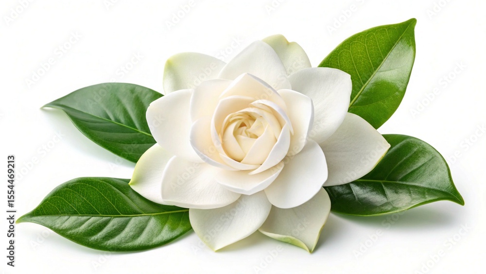 Elegant White Gardenia Blossom with Lush Green Leaves on a White Background Elegant White Gardenia Blossom with Lush Green Leaves on a White Background