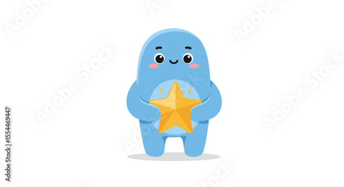 Cute blue monster holding star flat vector illustration for kids design