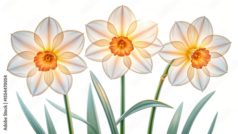Fototapeta premium Three Translucent Daffodils with Orange Centers on a White Background
