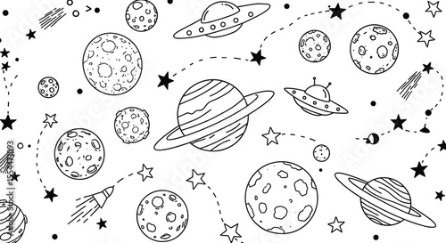 Outer space adventure vector illustration: black and white cosmic design for posters, cards, kids' rooms