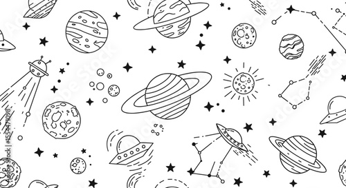Space exploration seamless pattern: black and white vector illustration for wallpaper design