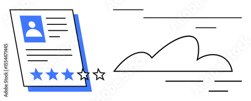 Document with profile, text, and star ratings beside a cloud icon implying online feedback. Ideal for ratings, testimonials, digital platforms, reputation management, customer satisfaction, cloud