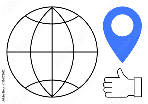 Globe grid, blue location pin, thumbs-up gesture. Ideal for GPS, approval, connection, travel global reach digital interaction simple landing page. Line metaphor. Simple line icons