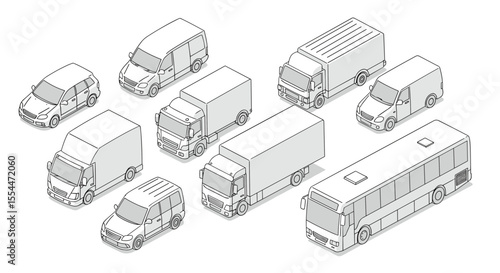 Isometric commercial vehicles vector illustration: design for transport, logistics, and fleet management