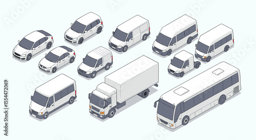 Isometric urban transport fleet vector illustration for design projects