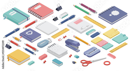 Stationery collection vector illustration: isometric style for office supplies design