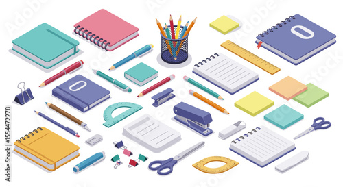 Back to school vector illustration: isometric stationery supplies for design and print