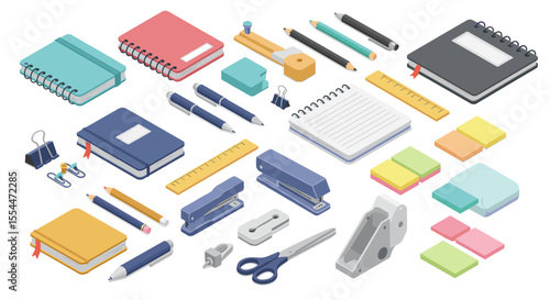 Stationery set for office and school supplies vector illustration, design for print and poster in isometric style