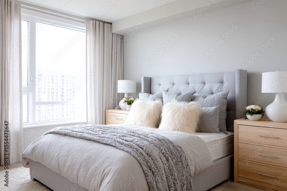 Cozy modern bedroom featuring a plush gray bed with decorative pillows, soft blankets, wooden nightstands, and large windows allowing natural light to illuminate the serene interior space Cozy modern bedroom featuring a plush gray bed with decorative pillows, soft blankets, wooden nightstands, and large windows allowing natural light to illuminate the serene interior space