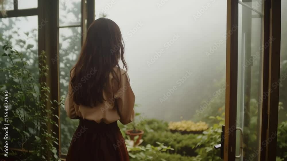 Woman in a Misty Greenhouse in British Countryside Woman in a Misty Greenhouse in British Countryside