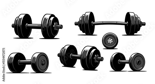 Fitness equipment vector illustration: gym dumbbells and barbell in monochrome style for sports posters