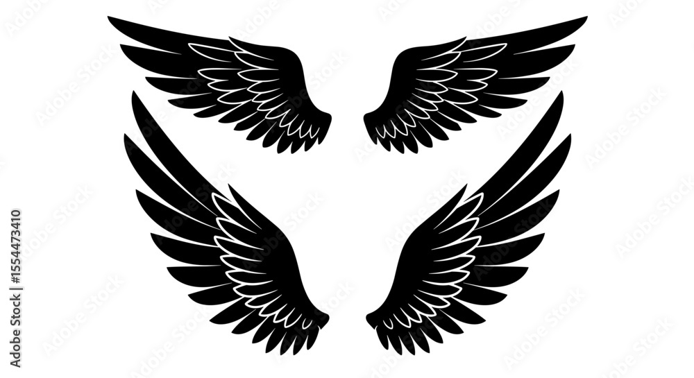 Obraz premium Angelic wing designs vector illustration for tattoo and decorative art in black silhouette style