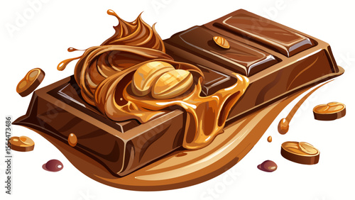 milk chocolate, caramel, nuts, melting, snack, candy, sweet, dessert, soft lighting, semi-realistic, bar, close-up, artistic, treat, luxury, detail, creamy, nutty, smooth, swirl, cocoa, gourmet, tasty