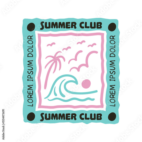 Vintage tropical line art with palm tree, sun, and ocean waves in retro 70s psychedelic style