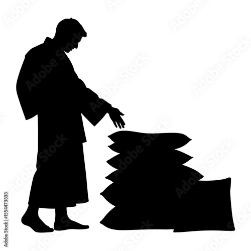 Silhouette of guest in bathrobe choosing pillows, comfort and luxury in hospitality