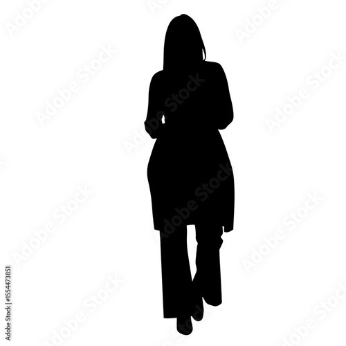 Silhouette of woman in cardigan and wide trousers, fashion style simplicity