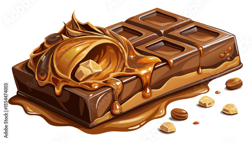 milk chocolate, caramel, nuts, melting, snack, candy, sweet, dessert, soft lighting, semi-realistic, bar, close-up, artistic, treat, luxury, detail, creamy, nutty, smooth, swirl, cocoa, gourmet, tasty