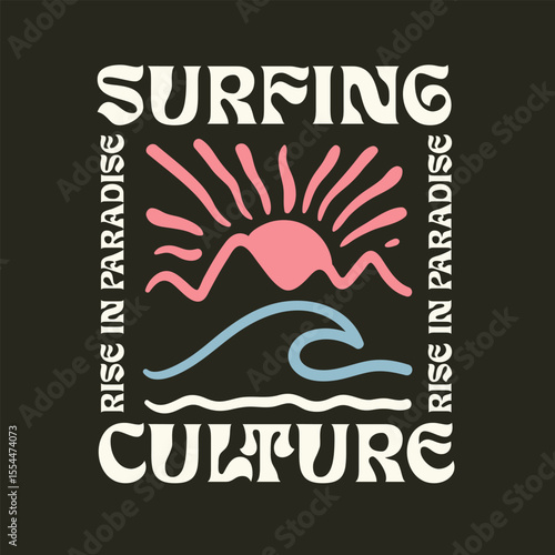Vintage tropical line art with palm tree, sun, and ocean waves in retro 70s psychedelic style