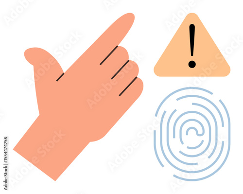 Hand pointing, yellow triangle with exclamation mark, and fingerprint outline suggest risk awareness, personal security, and authentication. Ideal for technology, privacy, security, caution risk
