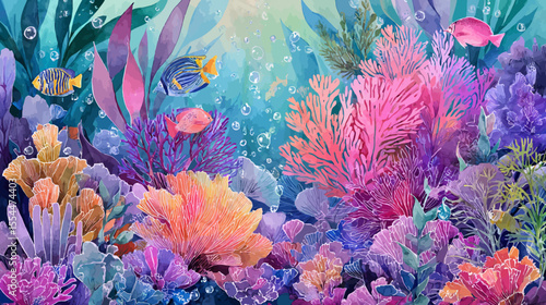 Vibrant tropical flowers bloom in an underwater aquarium, surrounded by colorful coral, marine life, and tropical fish