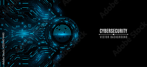 Hi-tech glowing fingerprint scanner on a digital circuit board background. Futuristic biometric security interface concept with neon lines and electronic microchip patterns. Vector illustration.