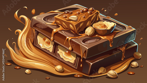milk chocolate, caramel, nuts, melting, snack, candy, sweet, dessert, soft lighting, semi-realistic, bar, close-up, artistic, treat, luxury, detail, creamy, nutty, smooth, swirl, cocoa, gourmet, tasty