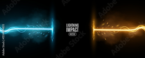 Electric lightning impact background with blue and orange energy beams colliding from both sides surrounded by glowing fog and sparks for Versus battle banner concept. Vector illustration.