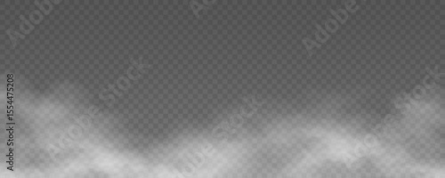 Realistic white fog and smoke effect isolated on a transparent background. Misty atmosphere element for overlaying on images, dramatic scenes or cinematic visual effects. Vector illustration.