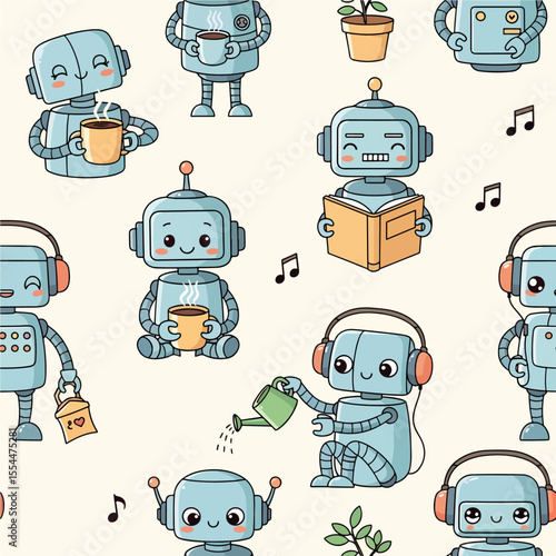 A charming seamless pattern features cute, blue cartoon robots enjoying relaxing hobbies like reading books, listening to music, and drinking coffee. Vector Patterns