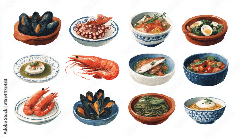 A set of the most popular Mediterranean seafood, dishes, Mediterranean art A set of the most popular Mediterranean seafood, dishes, Mediterranean art