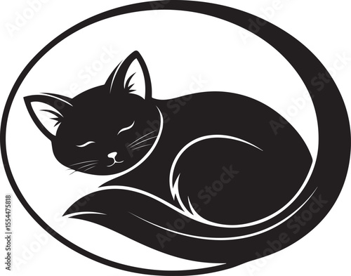 Serene Slumber: A minimalist illustration of a sleeping black cat, nestled in a crescent moon, perfect for conveying tranquility and the peace of night.