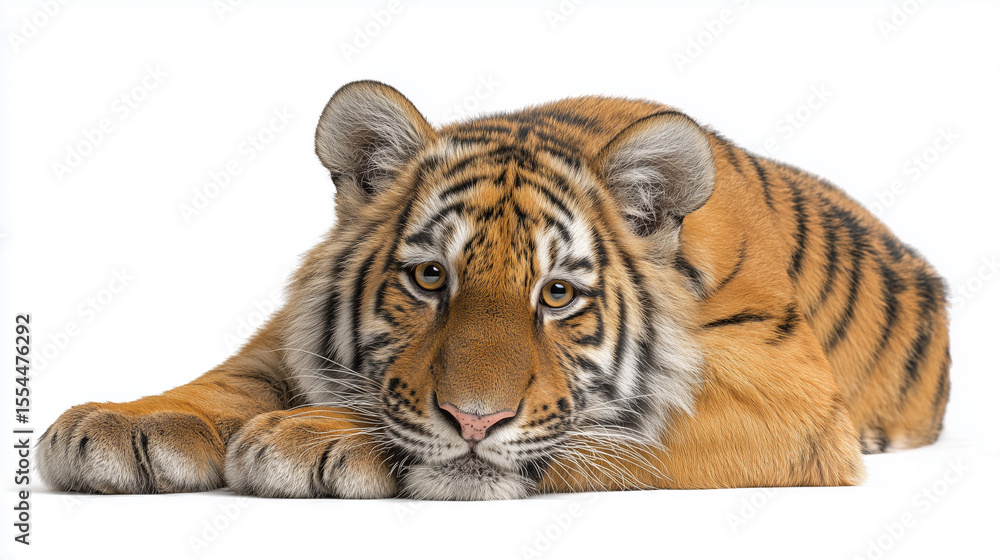 Obraz premium Cute Tiger Cub Resting on Clean White Surface