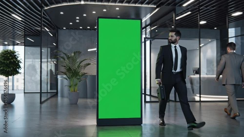 Man Walking by Green Screen Display in Modern Office Lobby