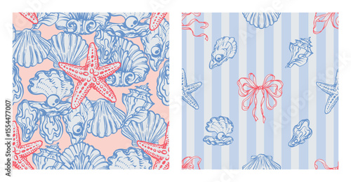 Coastal Seamless Pattern Set with Seashells, Underwater creatures, Red Starfish, Ribbon Bows on blue striped Backgrounds. La dolce vita themed inspired by Vintage Summer Italian aesthetic.
