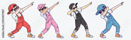 Trendy kids doing the dab dance in colorful streetwear. colorful carton character men dancing and standing simple flat design vector.
