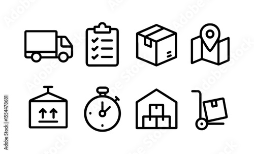 Delivery and logistics icons including truck, checklist, box, map, and warehouse elements