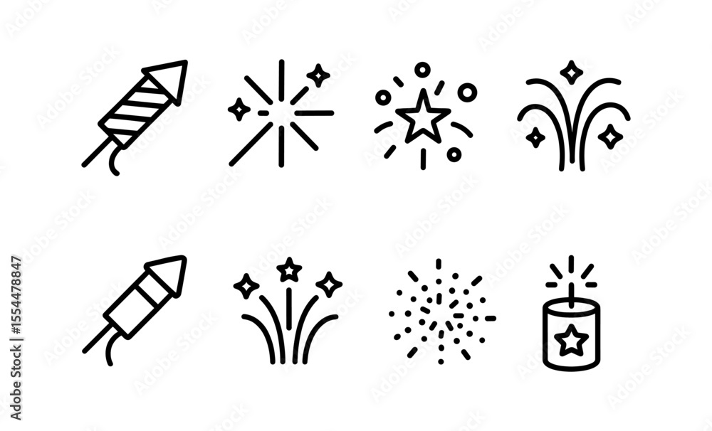 Set of fireworks icons: rocket, starburst, fountain, celebration line art Set of fireworks icons: rocket, starburst, fountain, celebration line art