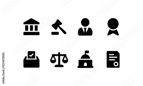 Legal and government icons set with courthouse, gavel, and certificate symbols
