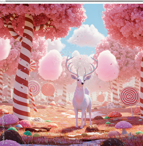 Enchanted Candyland Forest White Deer in a Dreamlike Sweet Treat Wonderland