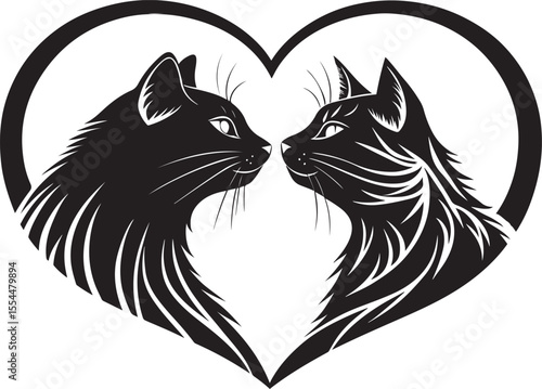 Loving Cats in Heart: Two cats, one black and one tabby, face each other lovingly inside a heart shape. This design represents love, companionship, and the bond between pets.