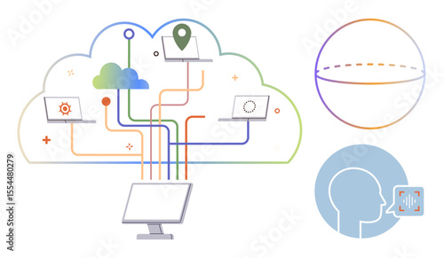Cloud with linked devices, representing connectivity. Includes a voice recognition interface and a globe symbolizing global outreach. Ideal for technology, data, AI, communication, innovation, global