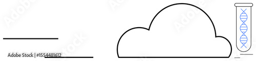 Cloud outline beside test tube displaying DNA sequence conveys biotechnology integration and data storage. Ideal for science, technology, biotech, genomics, innovation, research, futuristic themes