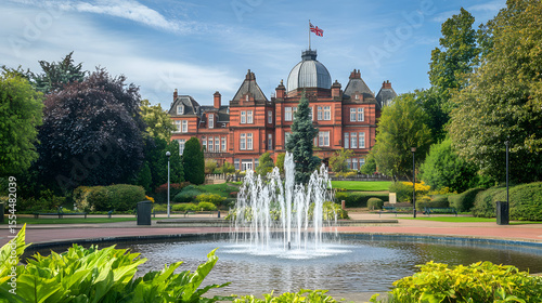 A magnificent town hall in the West Midlands with a fountain in its courtyard. Illustration of popular places in the world.