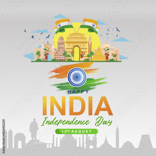 Happy 79 years Anniversary Republic of India Independence Day 15th August 2025 design. Beautiful abstract vector illustration with Indian culture, tricolor flag, monuments and skyline. 